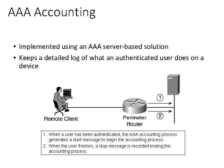 AAA Accounting • Implemented using an AAA server-based solution • Keeps a detailed log