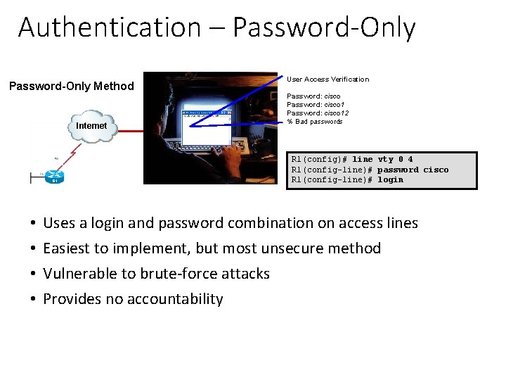Authentication – Password-Only Method Internet User Access Verification Password: cisco 12 % Bad passwords