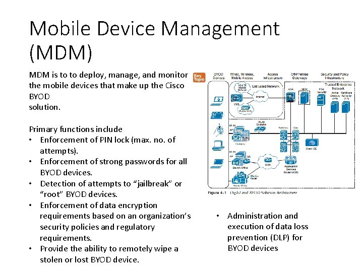 Mobile Device Management (MDM) MDM is to to deploy, manage, and monitor the mobile