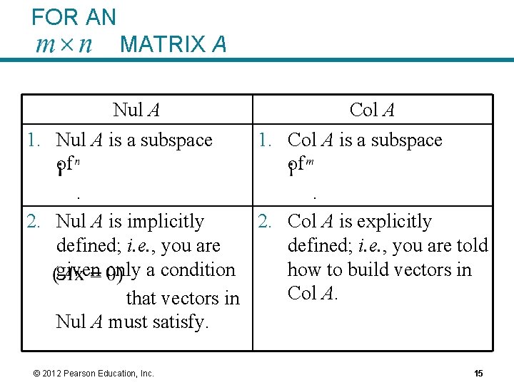 FOR AN MATRIX A Nul A Col A 1. Nul A is a subspace