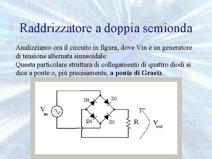 Raddrizzatore a doppia semionda Analizziamo ora il circuito in figura, dove Vin è un