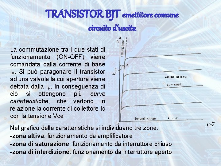 TRANSISTOR BJT emettitore comune circuito d’uscita La commutazione tra i due stati di funzionamento