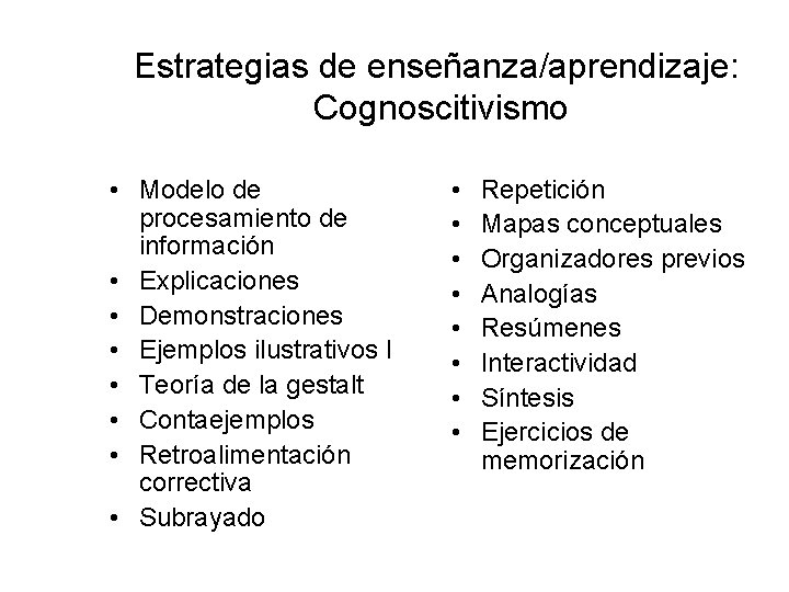 Estrategias de enseñanza/aprendizaje: Cognoscitivismo • Modelo de procesamiento de información • Explicaciones • Demonstraciones