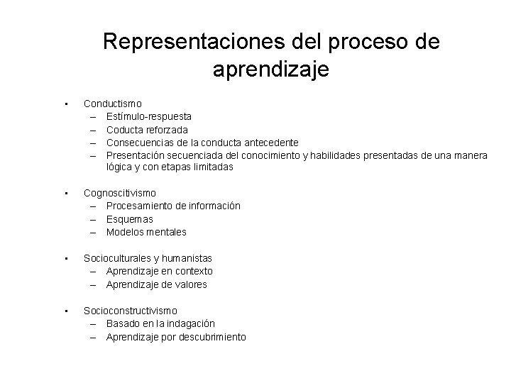 Representaciones del proceso de aprendizaje • Conductismo – Estímulo-respuesta – Coducta reforzada – Consecuencias