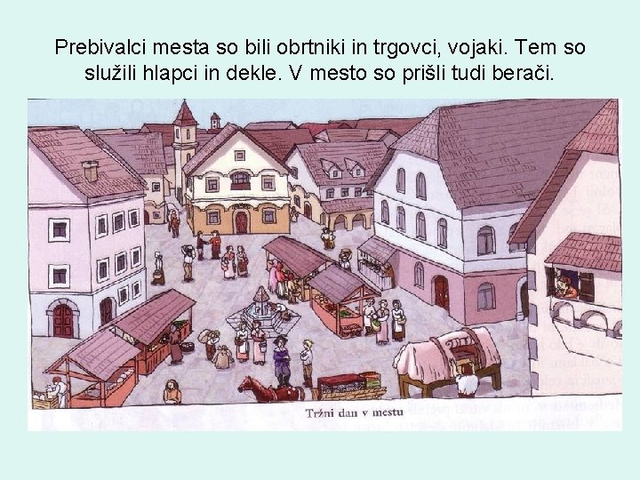 Prebivalci mesta so bili obrtniki in trgovci, vojaki. Tem so služili hlapci in dekle.