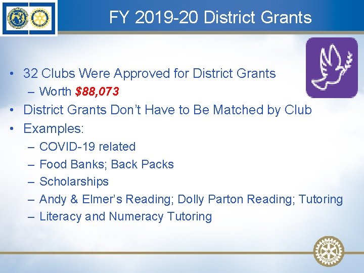 FY 2019 -20 District Grants • 32 Clubs Were Approved for District Grants –