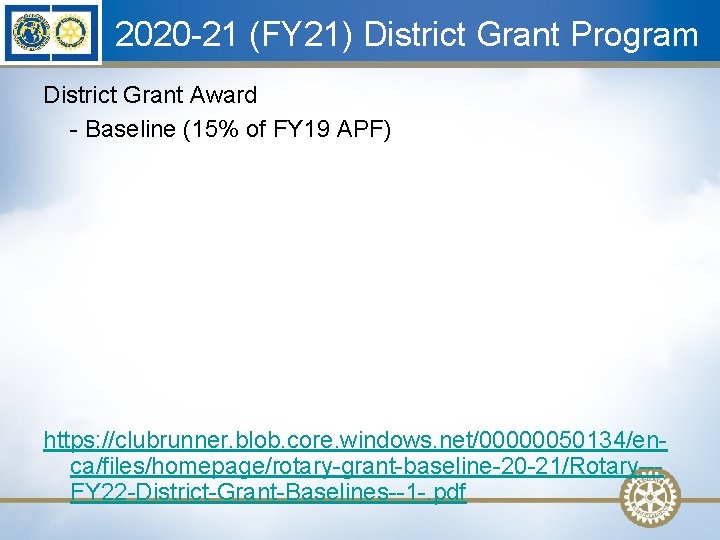 2020 -21 (FY 21) District Grant Program District Grant Award - Baseline (15% of
