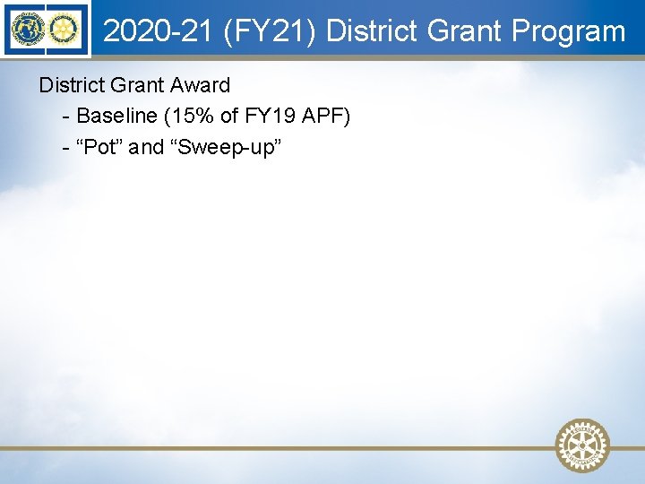 2020 -21 (FY 21) District Grant Program District Grant Award - Baseline (15% of