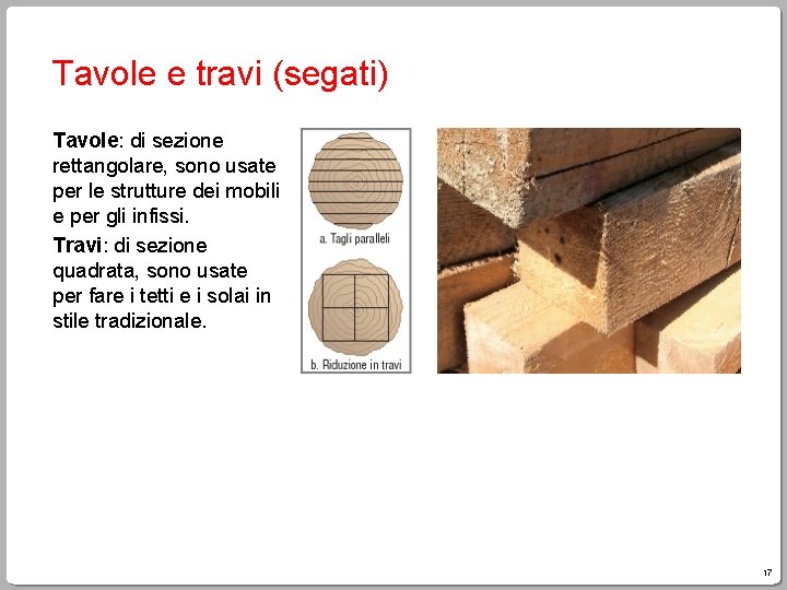 Tavole e travi (segati) Tavole: di sezione rettangolare, sono usate per le strutture dei