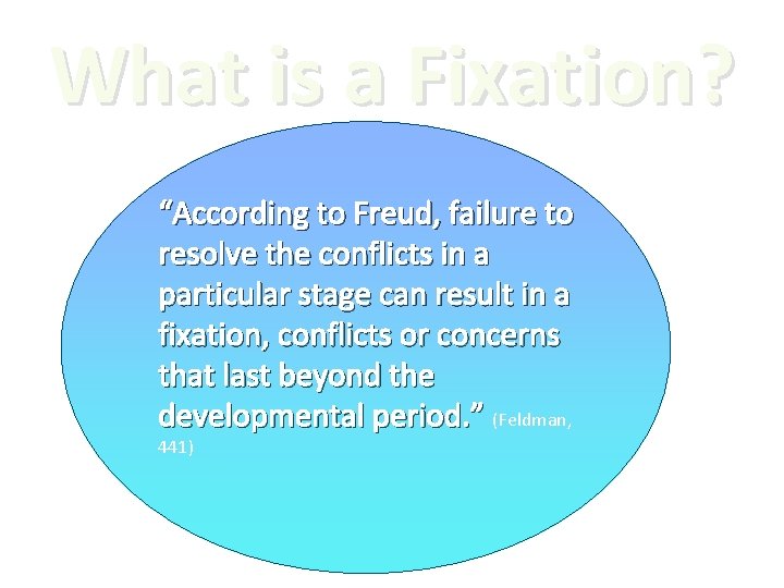 What is a Fixation? “According to Freud, failure to resolve the conflicts in a