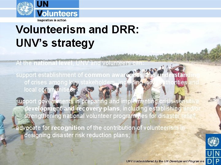 Volunteerism and DRR: UNV’s strategy At the national level, UNV and volunteers can: support