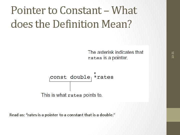 10 -21 Pointer to Constant – What does the Definition Mean? Read as: “rates