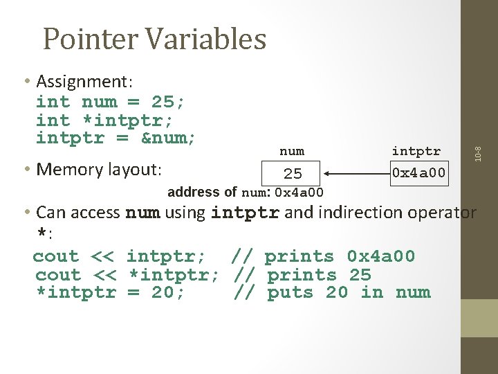  • Assignment: int num = 25; int *intptr; intptr = &num; • Memory