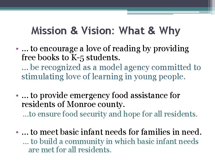 Mission & Vision: What & Why • … to encourage a love of reading