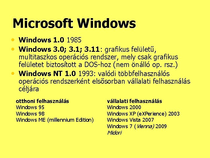 Microsoft Windows • Windows 1. 0 1985 • Windows 3. 0; 3. 11: grafikus