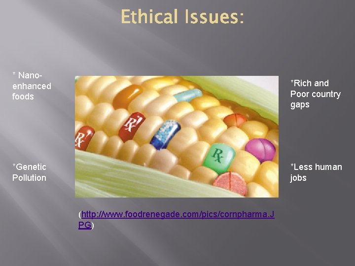 * Nanoenhanced foods *Rich and Poor country gaps *Genetic Pollution *Less human jobs (http: * Nanoenhanced foods *Rich and Poor country gaps *Genetic Pollution *Less human jobs (http: