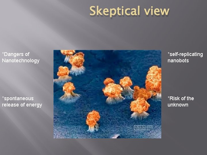 Skeptical view *Dangers of Nanotechnology *self-replicating nanobots *spontaneous release of energy *Risk of the Skeptical view *Dangers of Nanotechnology *self-replicating nanobots *spontaneous release of energy *Risk of the