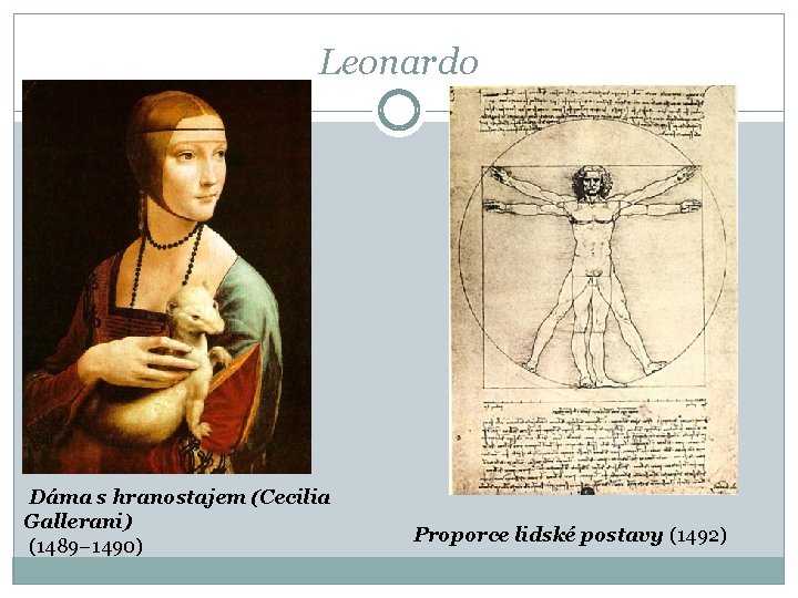 Leonardo Dáma s hranostajem (Cecilia Gallerani) (1489− 1490) Proporce lidské postavy (1492) 