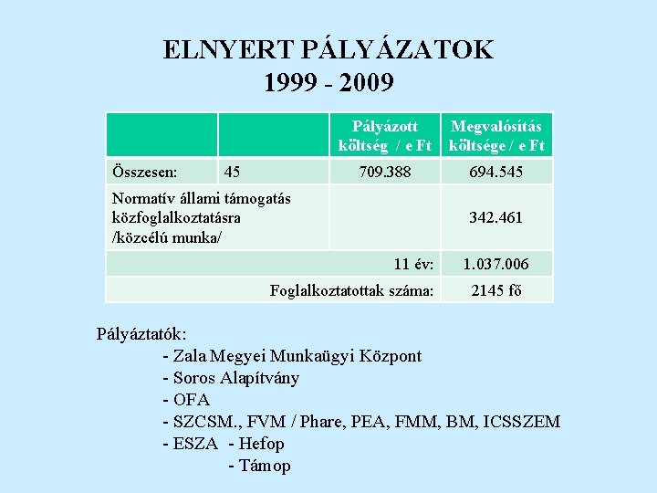 ELNYERT PÁLYÁZATOK 1999 - 2009 Összesen: 45 Pályázott költség / e Ft Megvalósítás költsége