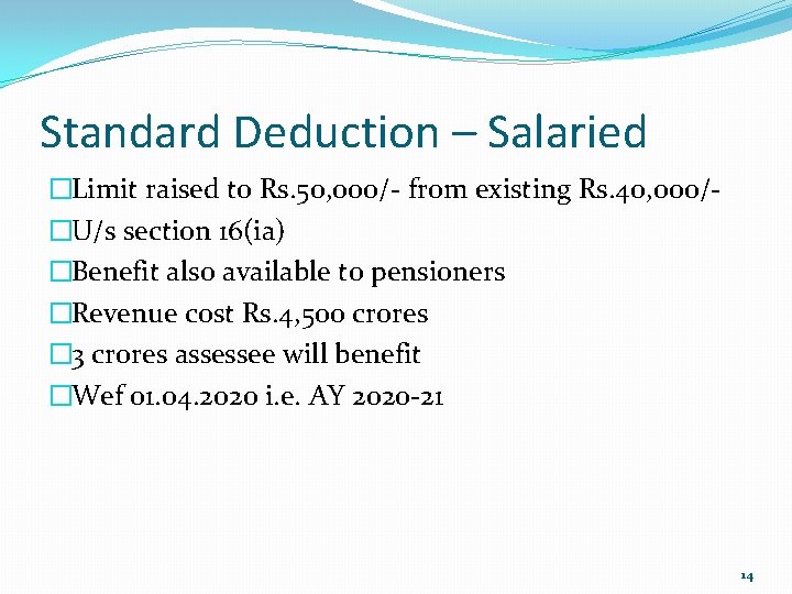 Standard Deduction – Salaried �Limit raised to Rs. 50, 000/- from existing Rs. 40,