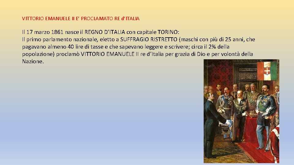 VITTORIO EMANUELE II E’ PROCLAMATO RE d’ITALIA Il 17 marzo 1861 nasce il REGNO