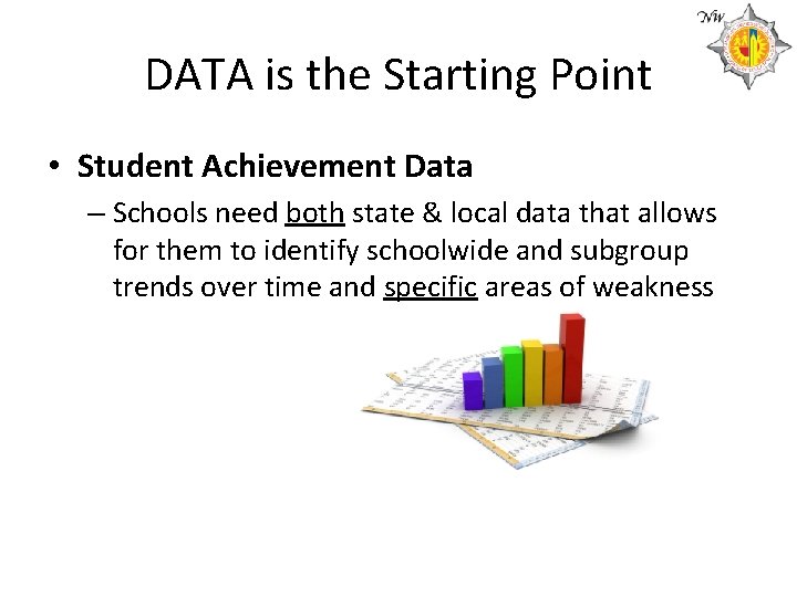 DATA is the Starting Point • Student Achievement Data – Schools need both state