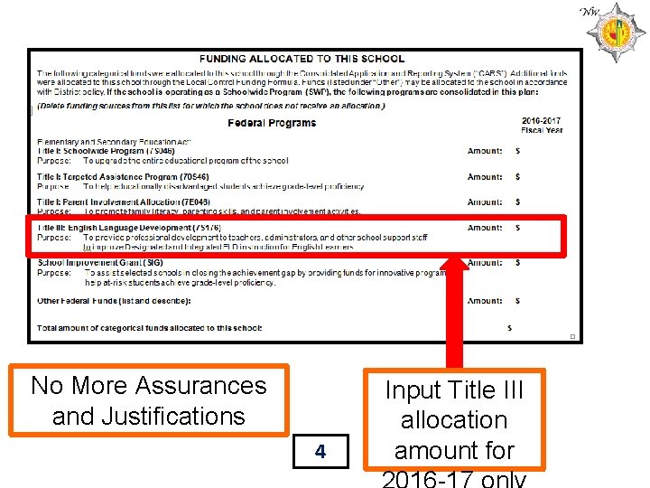 No More Assurances and Justifications 4 Input Title III allocation amount for 