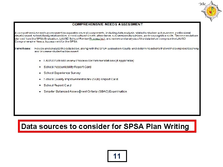 Data sources to consider for SPSA Plan Writing 11 