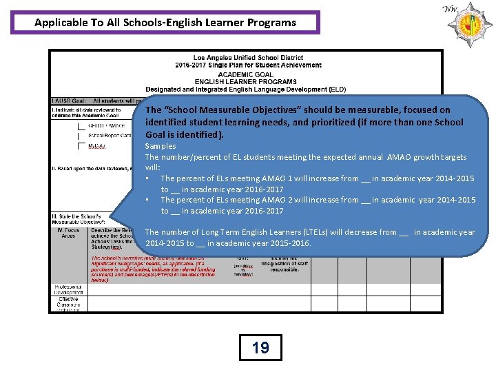 Applicable To All Schools-English Learner Programs The “School Measurable Objectives” should be measurable, focused