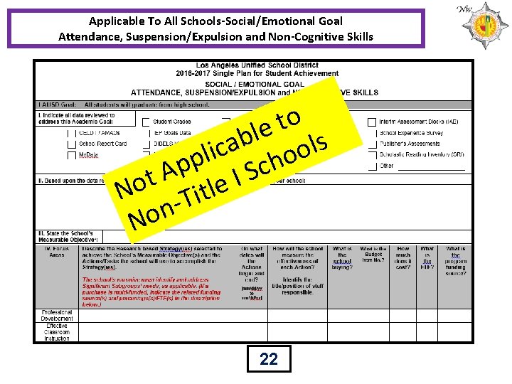 Applicable To All Schools-Social/Emotional Goal Attendance, Suspension/Expulsion and Non-Cognitive Skills o t e l