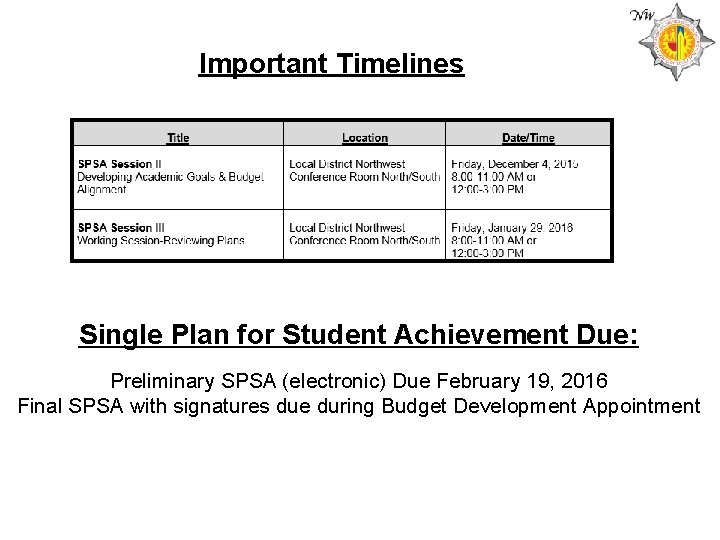 Important Timelines Single Plan for Student Achievement Due: Preliminary SPSA (electronic) Due February 19,