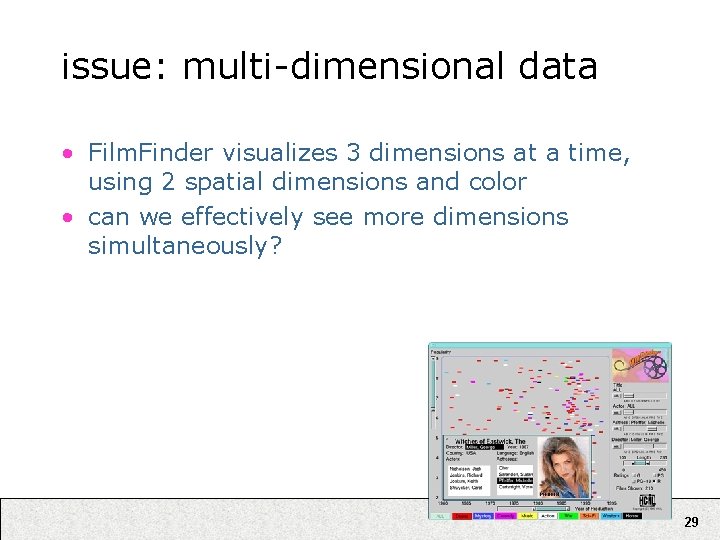 issue: multi-dimensional data • Film. Finder visualizes 3 dimensions at a time, using 2