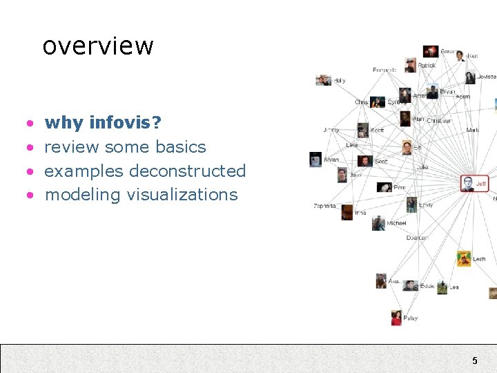 overview • • why infovis? review some basics examples deconstructed modeling visualizations 5 
