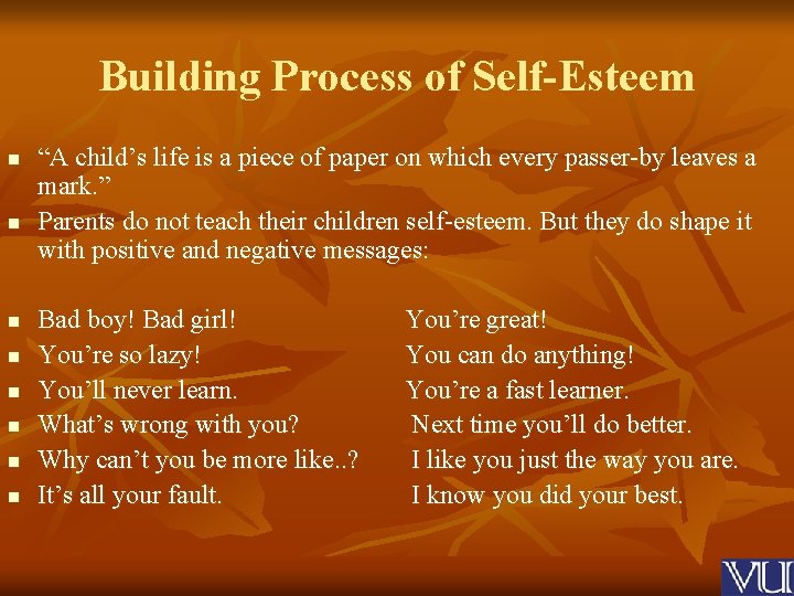 Building Process of Self-Esteem n n n n “A child’s life is a piece