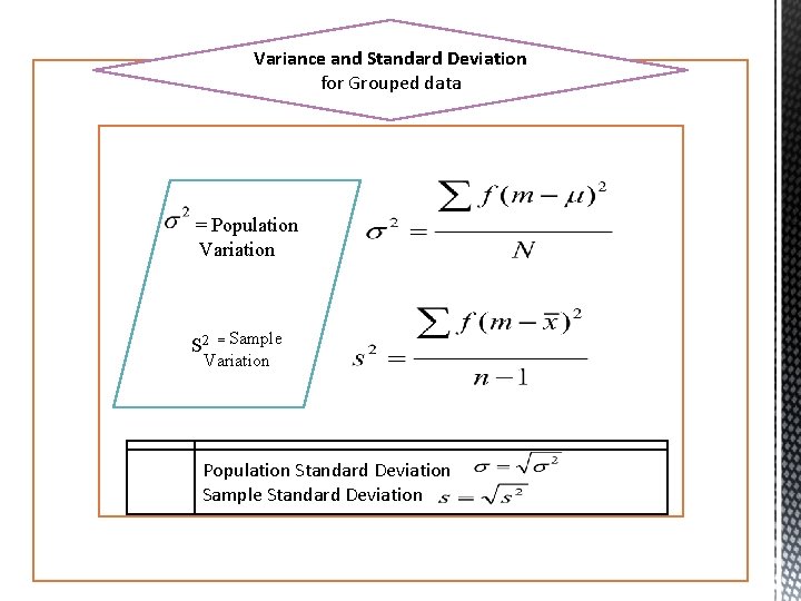 Variance and Standard Deviation for Grouped data = Population Variation S 2 = Sample
