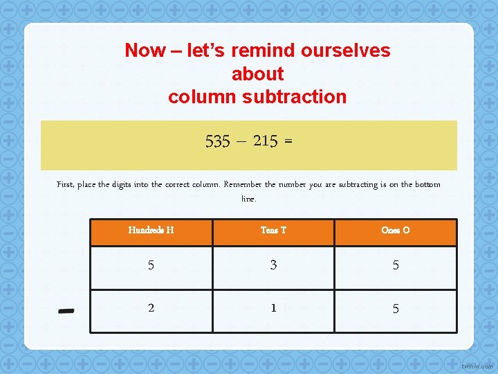 Now – let’s remind ourselves about column subtraction 535 – 215 = First, place