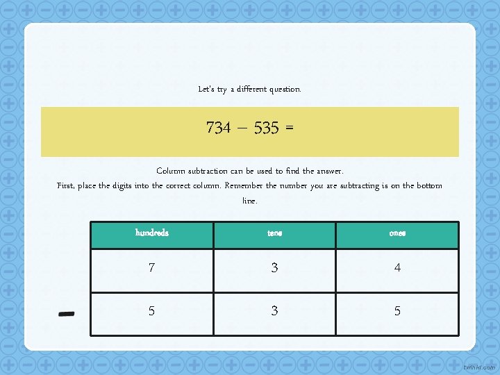 Let’s try a different question. 734 – 535 = Column subtraction can be used