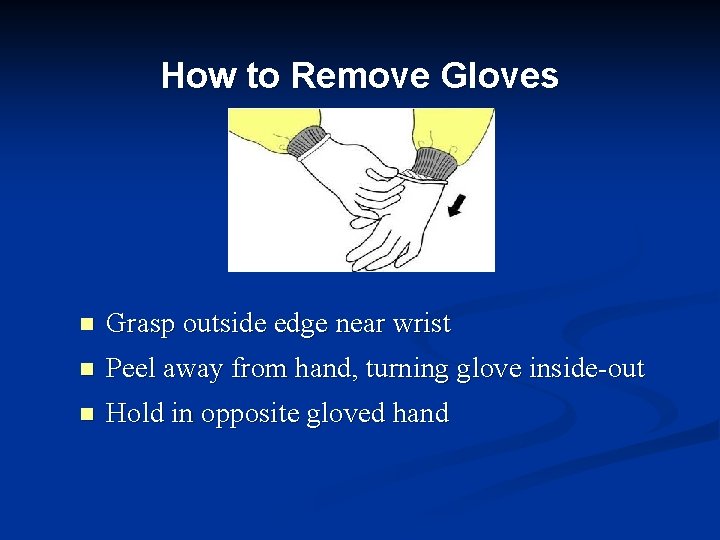 How to Remove Gloves n Grasp outside edge near wrist n Peel away from