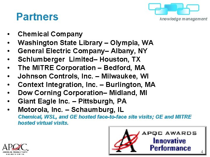 Partners • • • knowledge management Chemical Company Washington State Library – Olympia, WA