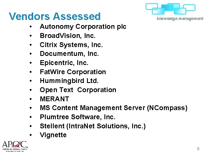 Vendors Assessed • • • • knowledge management Autonomy Corporation plc Broad. Vision, Inc.