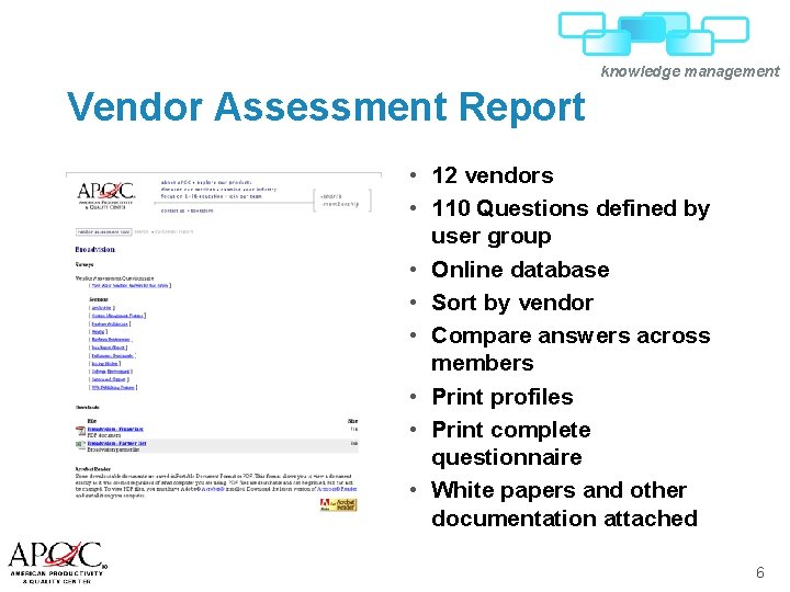 knowledge management Vendor Assessment Report • 12 vendors • 110 Questions defined by user