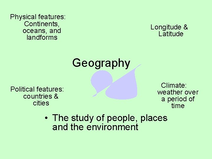 Physical features: Continents, oceans, and landforms Longitude & Latitude Geography Political features: countries &