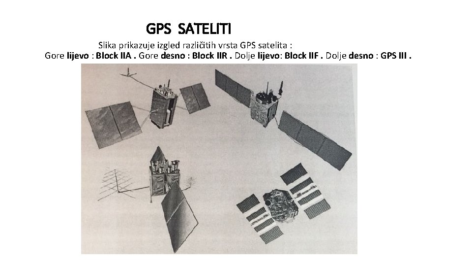 GPS SATELITI Slika prikazuje izgled različitih vrsta GPS satelita : Gore lijevo : Block