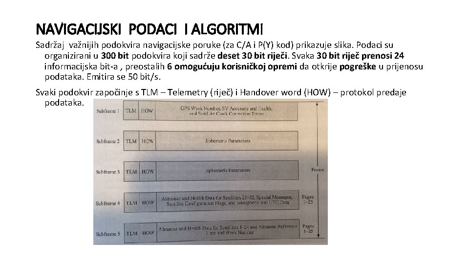 NAVIGACIJSKI PODACI I ALGORITMI Sadržaj važnijih podokvira navigacijske poruke (za C/A i P(Y) kod) NAVIGACIJSKI PODACI I ALGORITMI Sadržaj važnijih podokvira navigacijske poruke (za C/A i P(Y) kod)