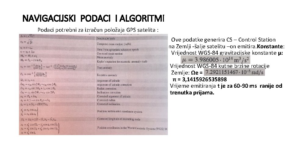 NAVIGACIJSKI PODACI I ALGORITMI Podaci potrebni za izračun položaja GPS satelita : Ove podatke