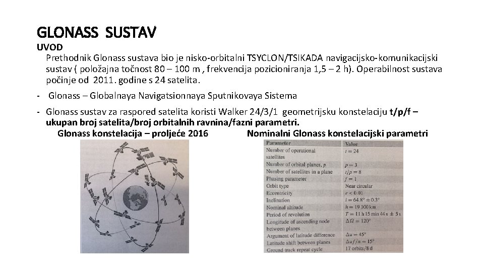 GLONASS SUSTAV UVOD Prethodnik Glonass sustava bio je nisko-orbitalni TSYCLON/TSIKADA navigacijsko-komunikacijski sustav ( položajna