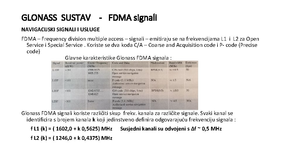 GLONASS SUSTAV - FDMA signali NAVIGACIJSKI SIGNALI I USLUGE FDMA – Frequency division multiple