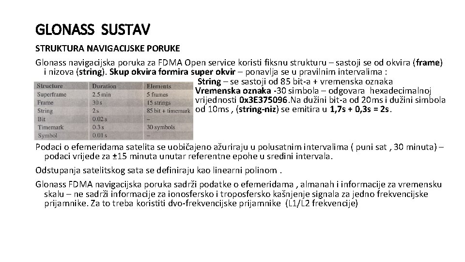 GLONASS SUSTAV STRUKTURA NAVIGACIJSKE PORUKE Glonass navigacijska poruka za FDMA Open service koristi fiksnu