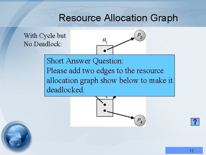 Resource Allocation Graph With Cycle but No Deadlock: Short Answer Question: Please add two