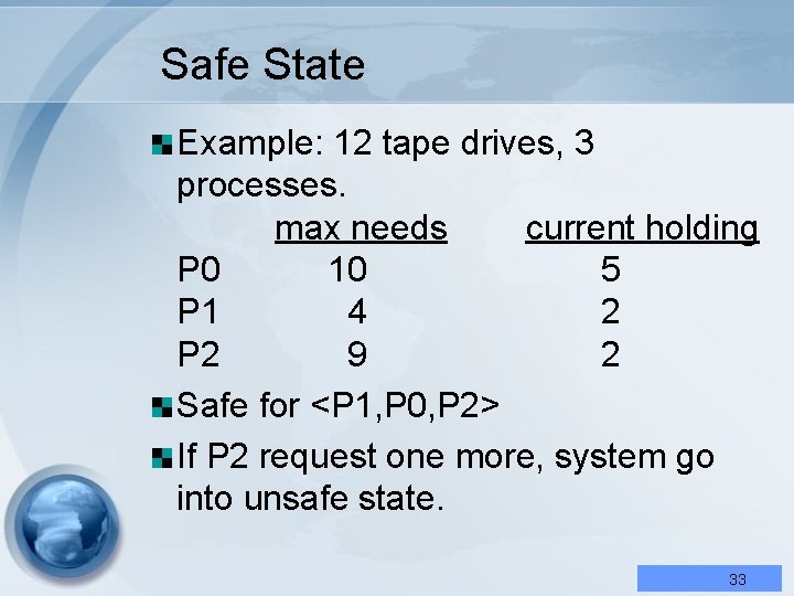 Safe State Example: 12 tape drives, 3 processes. max needs current holding P 0